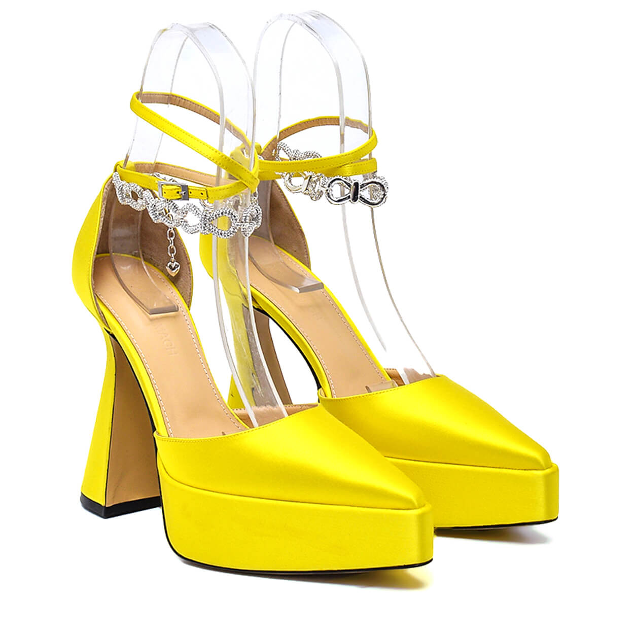 Mach & Mach - Lime Yellow Satin Crystal Embellished Chain Ankle Strap Platform Pumps 38